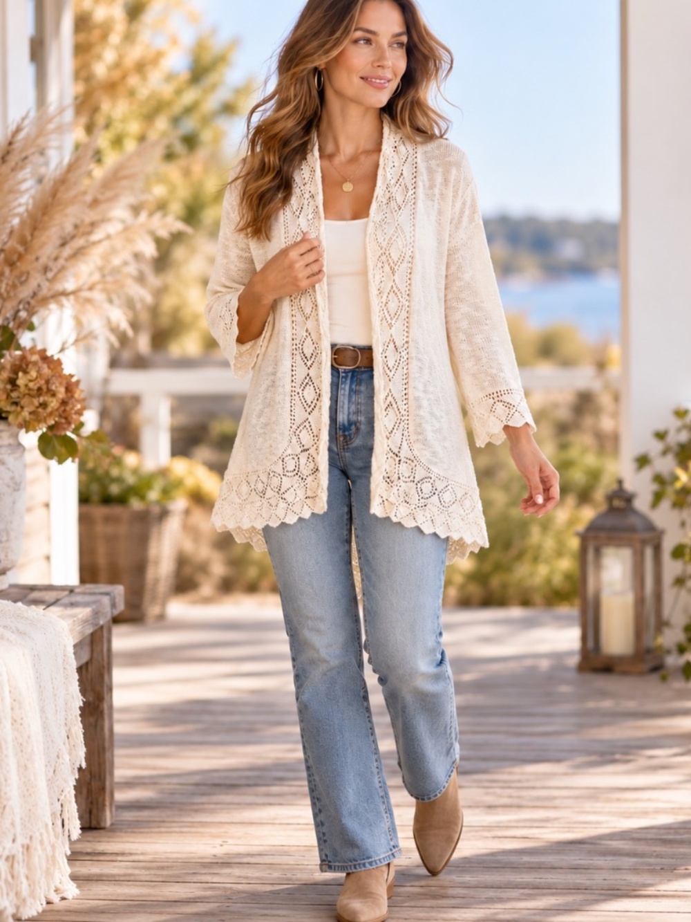 Cato Ivory Crochet Lace Open Front Cardigan Scalloped Hem Boho XL